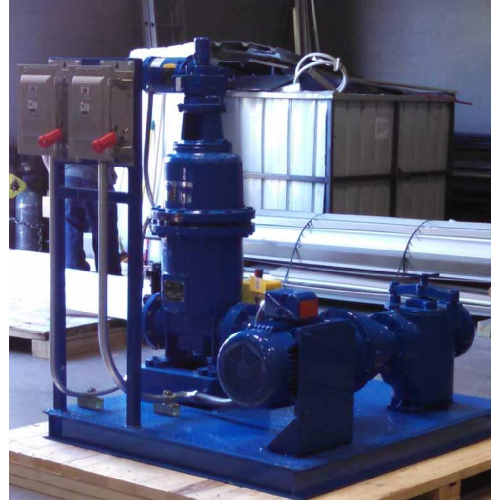 Thermal Precision closed evaporative cooling tower pump skid featuring centrifugal recirculation pump and solids separator for industrial process temperature control available from Blackhawk Equipment
