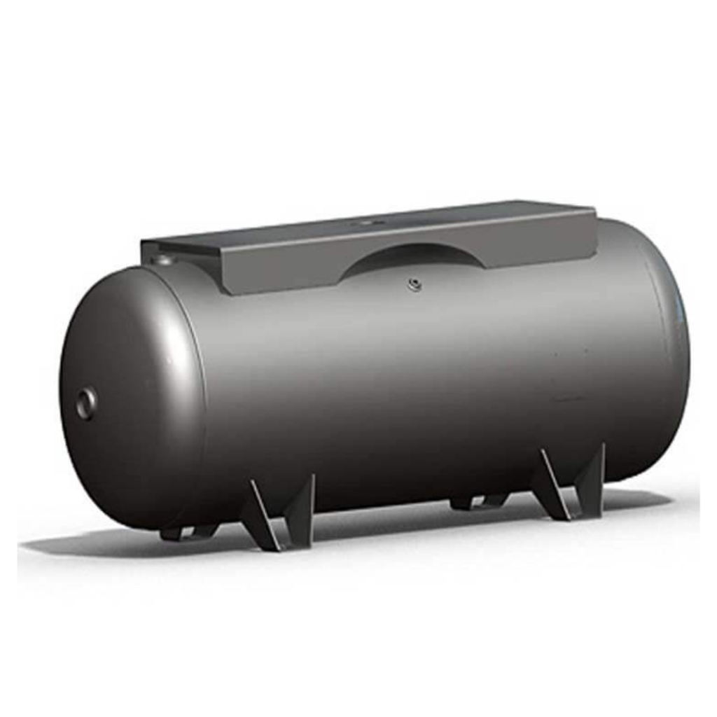 Horizontal air receiver tank with top mounting platform for compressor pump assembly available from Blackhawk Equipment
