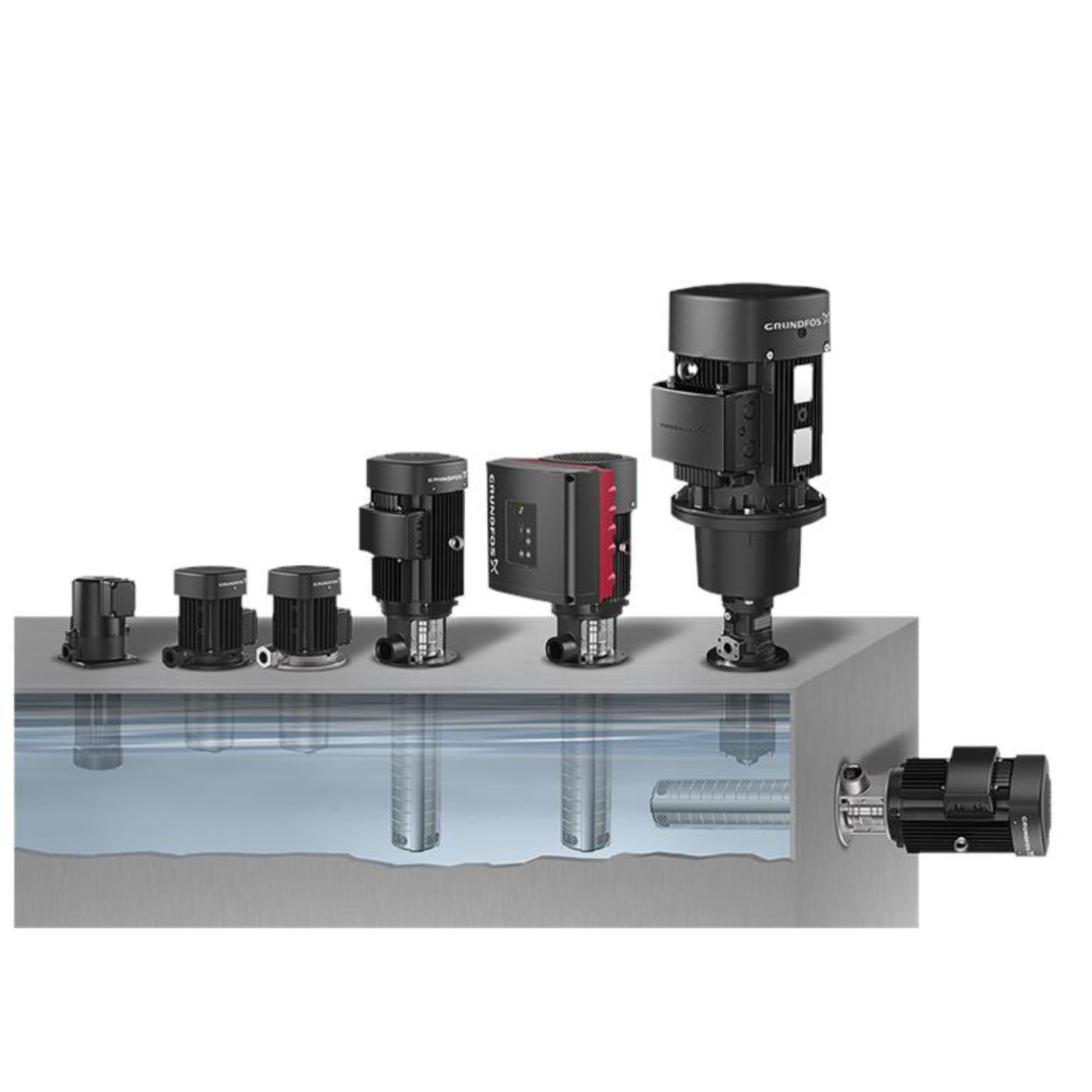 Grundfos MTR and SPK series immersible machine tool coolant pumps featuring tank-mounted design and various immersion depths for CNC and filtration applications available from Blackhawk Equipment