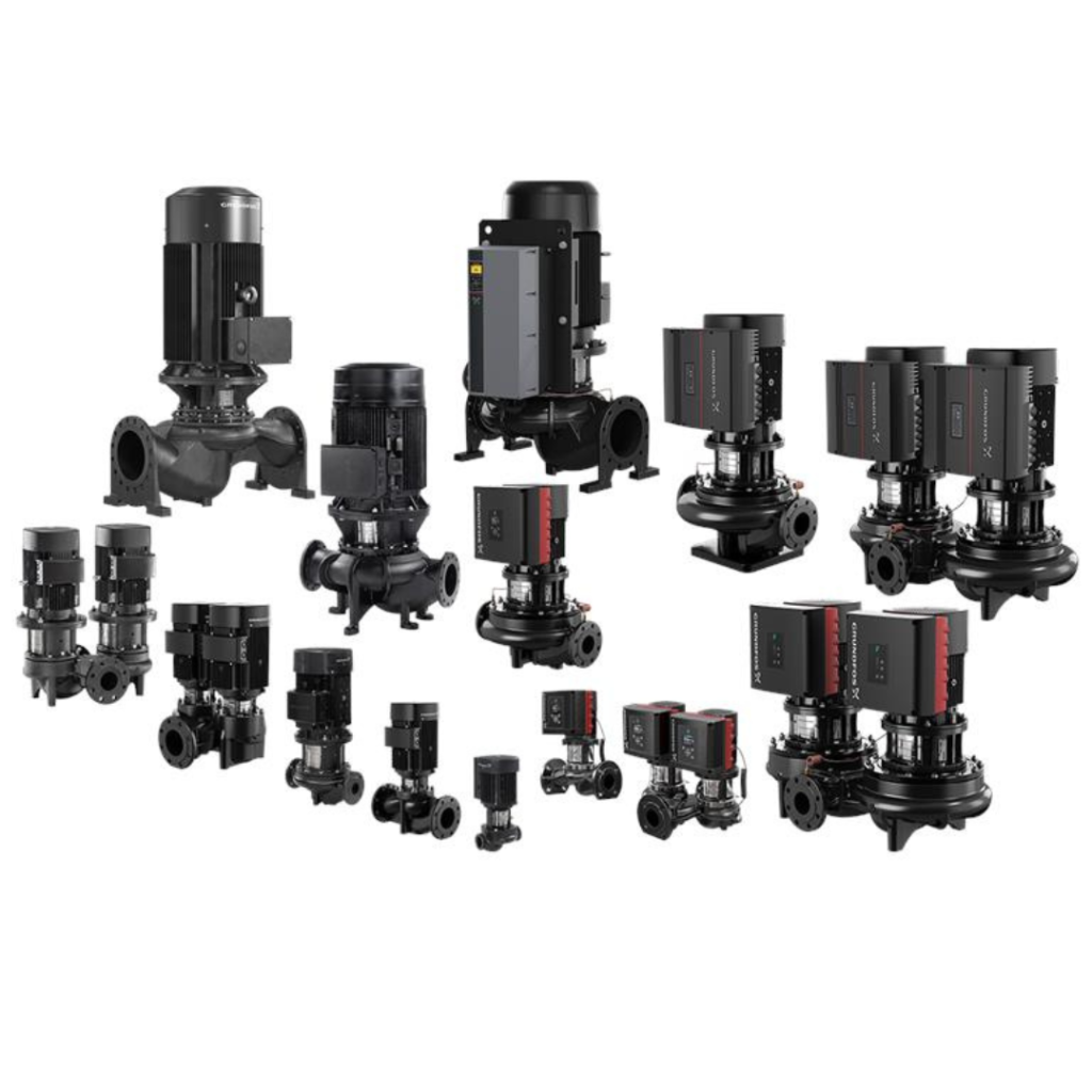 Grundfos TP and TPE Series in-line single-stage vertical centrifugal pumps featuring integrated frequency converters for HVAC and industrial circulation available from Blackhawk Equipment