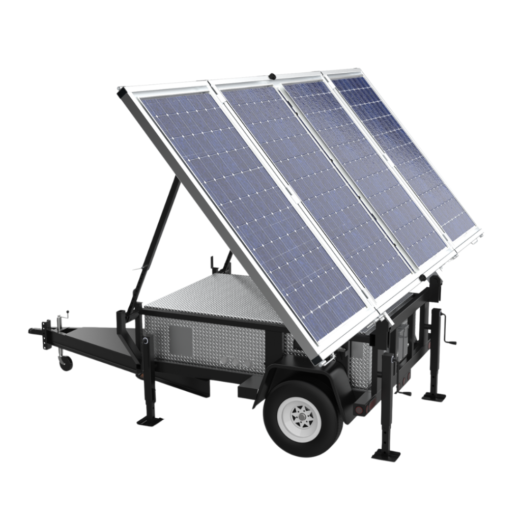 MOBISUN PLUS mobile solar generator trailer featuring deployable photovoltaic panels and secure battery storage for off-grid construction and event power available from Blackhawk Equipment
