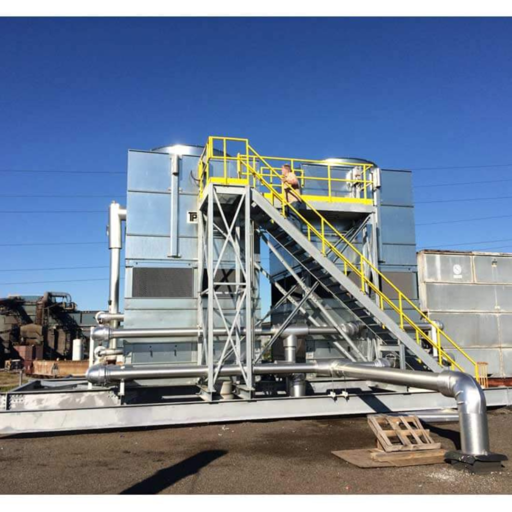 Thermal Precision custom open evaporative cooling tower featuring galvanized steel structure, multi-level OSHA-compliant access platforms, and high-capacity industrial design available from Blackhawk Equipment