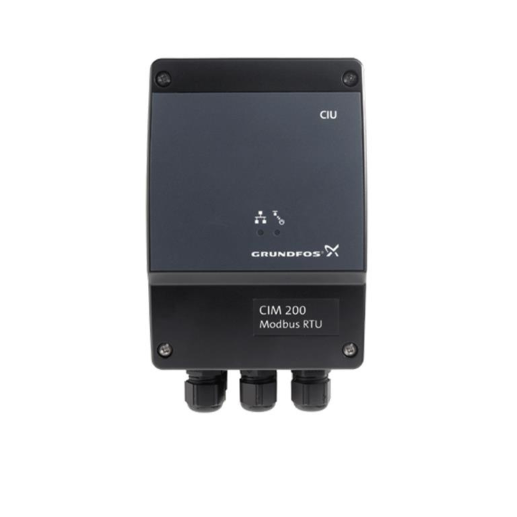 Grundfos CIU communication interface unit featuring CIM 200 Modbus RTU module for seamless pump integration with SCADA and BMS systems available from Blackhawk Equipment