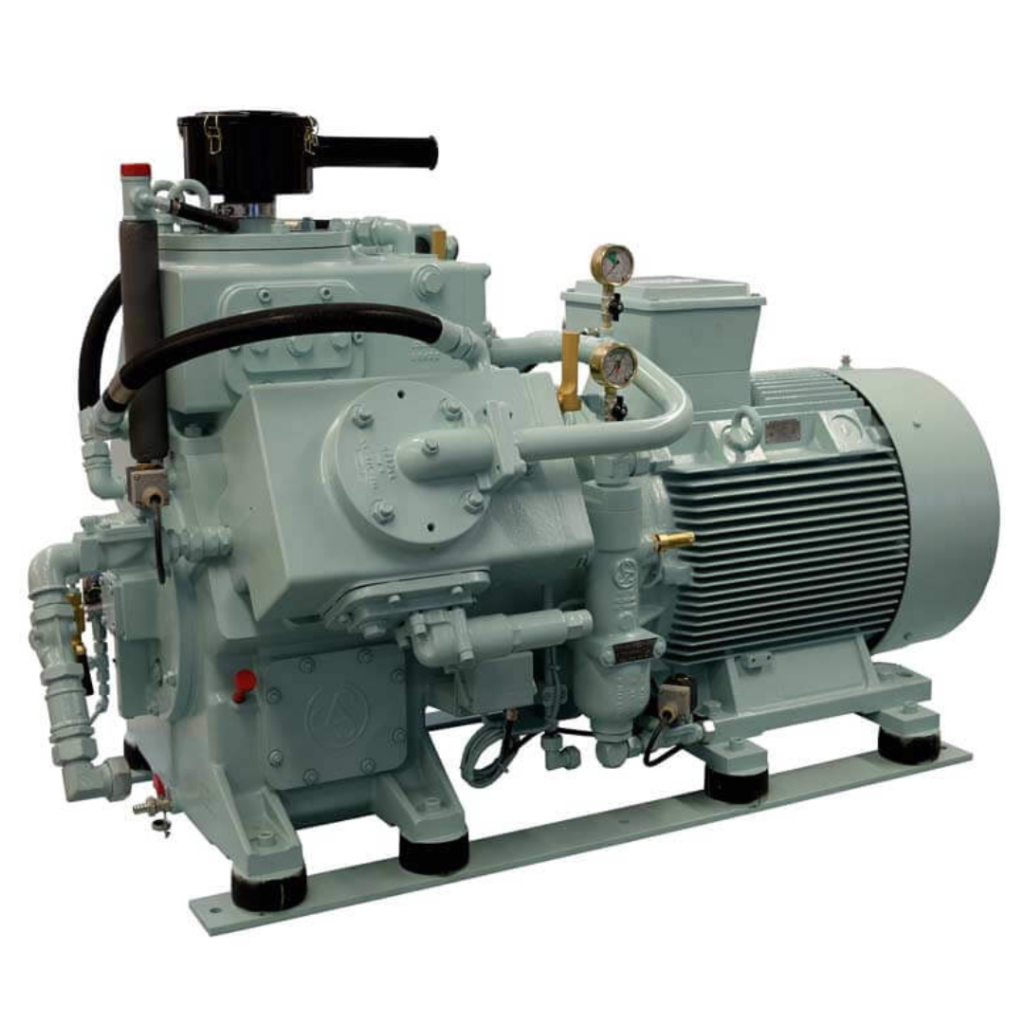 Sauer Compressors Typhoon Series air-cooled high-pressure reciprocating air compressor featuring integrated cooling radiator for marine and industrial applications available from Blackhawk Equipment