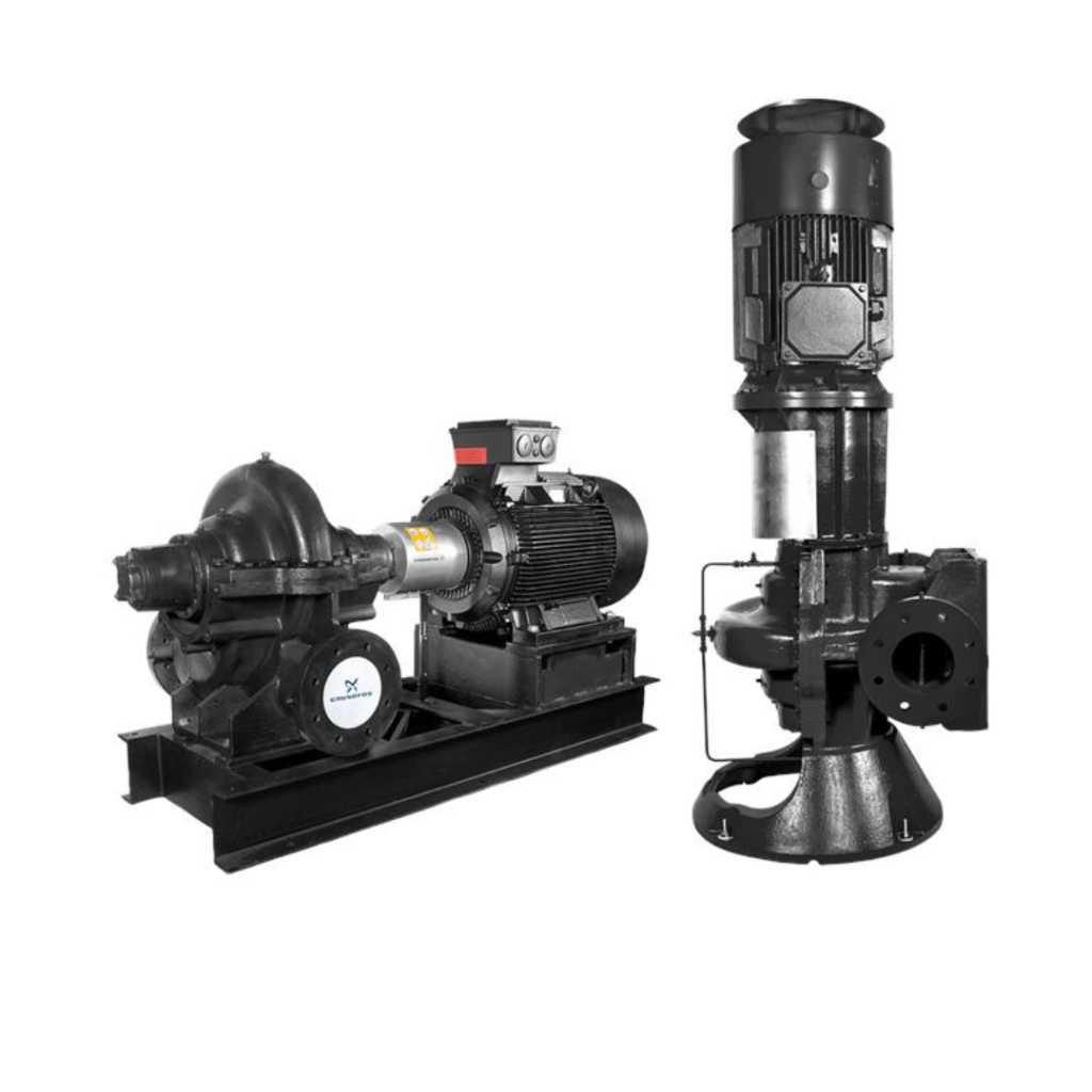 Grundfos HS horizontal and vertical split case pumps featuring double-suction impeller design for high-flow water distribution and district cooling systems available from Blackhawk Equipment