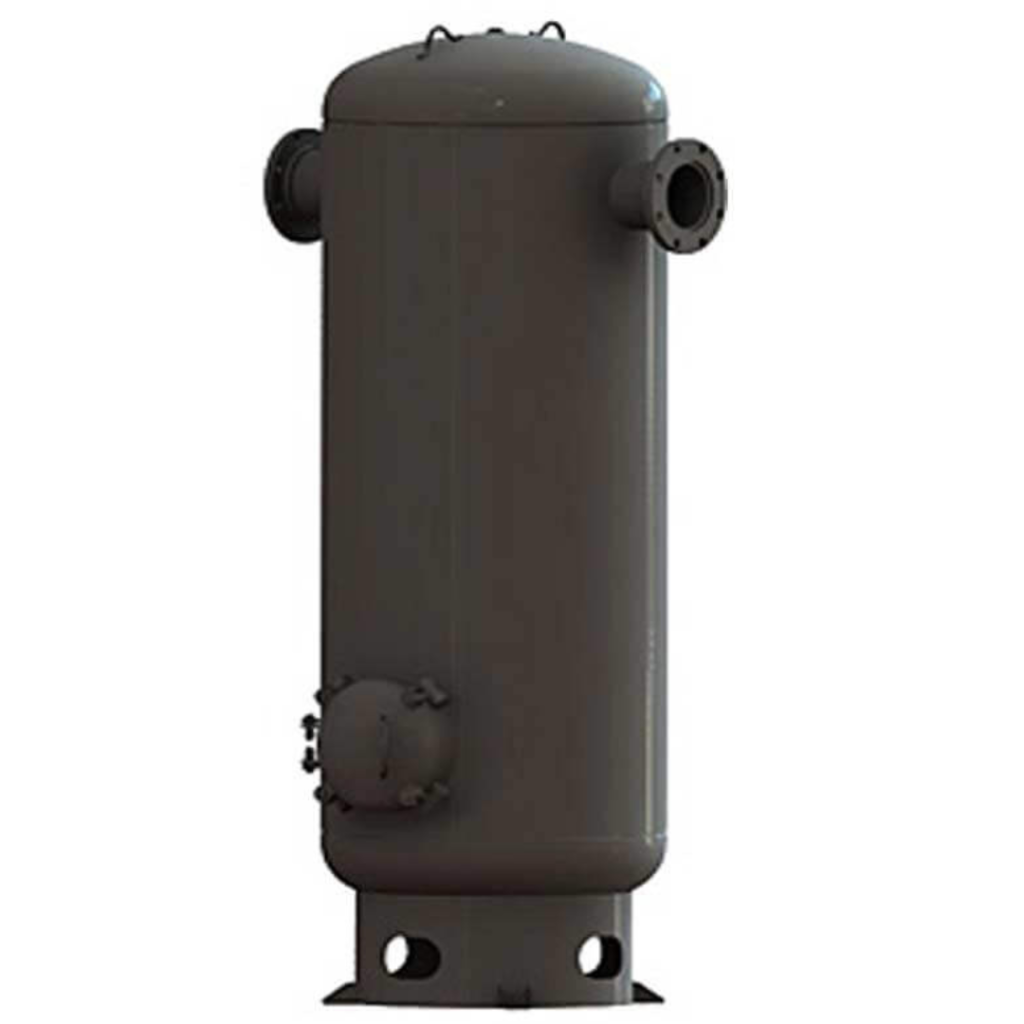 Vertical vacuum receiver tank featuring large flanged inlet/outlet connections and side access manway for industrial vacuum systems available from Blackhawk Equipment