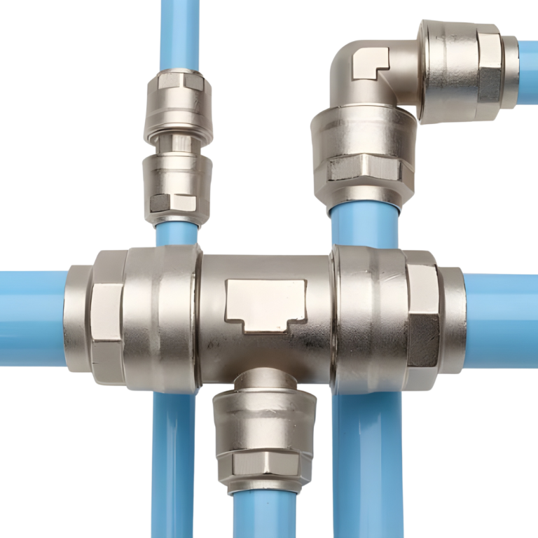 Infinity Series aluminum compressed air piping manifold assembly featuring push-to-connect reducing tees and elbows for distribution drops available from Blackhawk Equipment