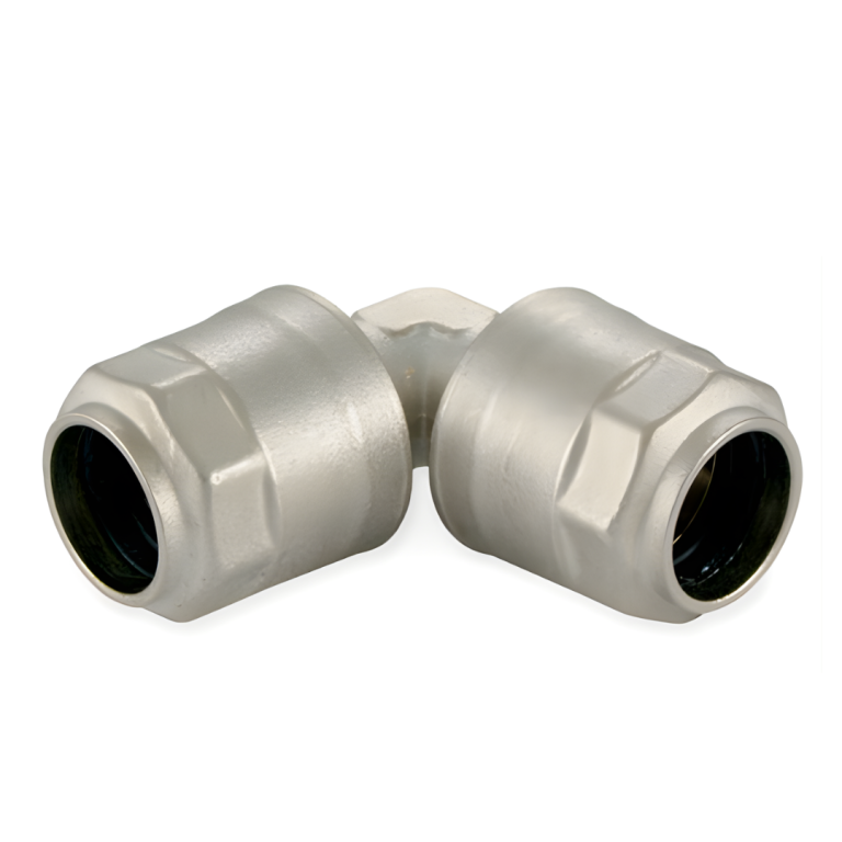 Infinity Series nickel-plated brass 90-degree elbow fitting with push-to-connect technology for corner routing in compressed air systems available from Blackhawk Equipment