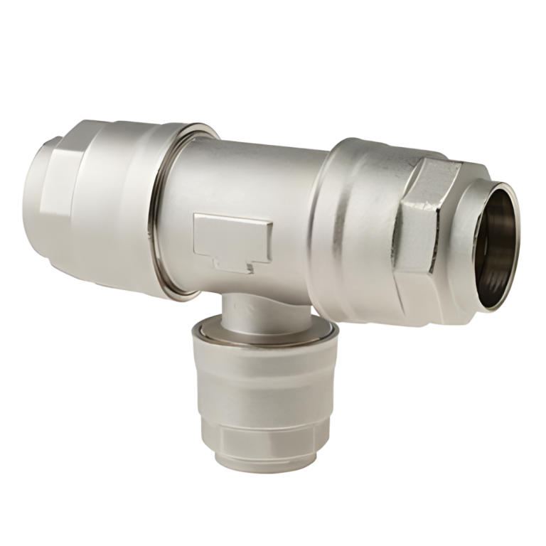 Infinity Series nickel-plated brass equal tee fitting with push-to-connect technology for aluminum compressed air piping systems available from Blackhawk Equipment