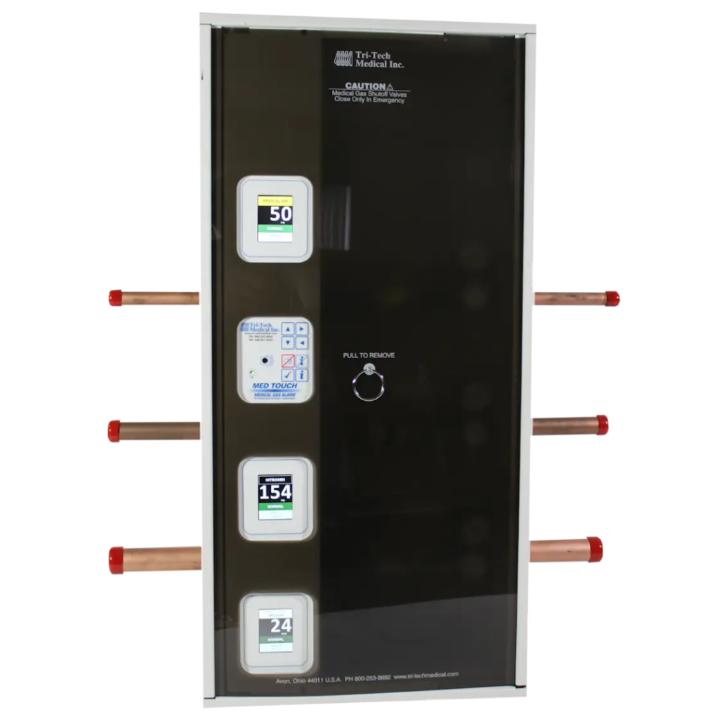 Tri-Tech Medical zone valve box assembly with integrated Med Touch digital area alarm for isolating and monitoring medical gas lines available from Blackhawk Equipment