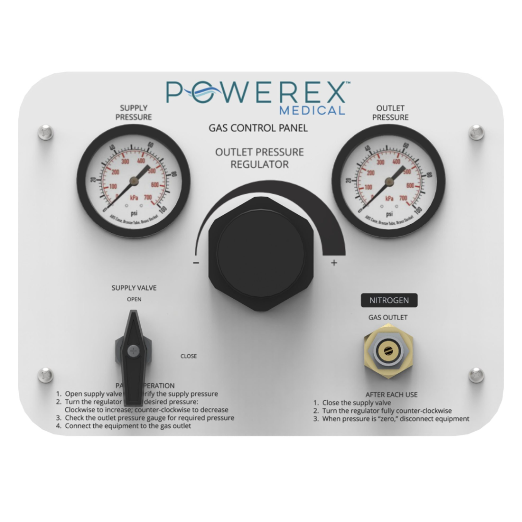 Powerex Medical Nitrogen gas control panel with adjustable outlet pressure regulator for surgical instrument applications available from Blackhawk Equipment