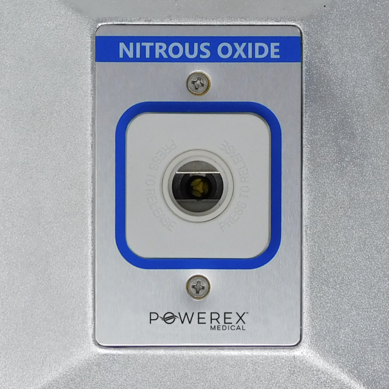 Powerex Medical Nitrous Oxide gas outlet terminal unit (wall-mounted) blue color-coded for surgical and dental applications available from Blackhawk Equipment